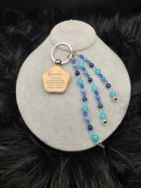 Wooden Reminder Keychain with Blue & Teal Beaded Tassels